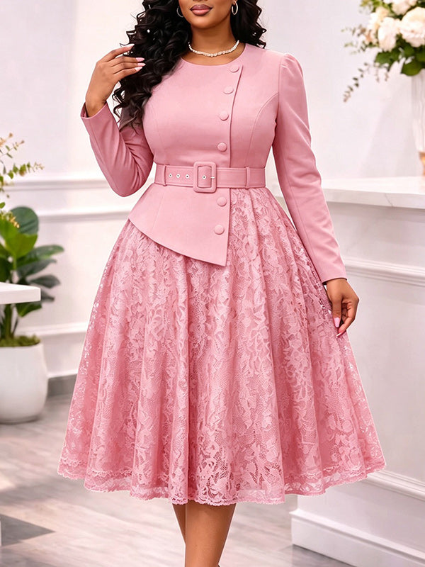 Lace Combo Belted Dress