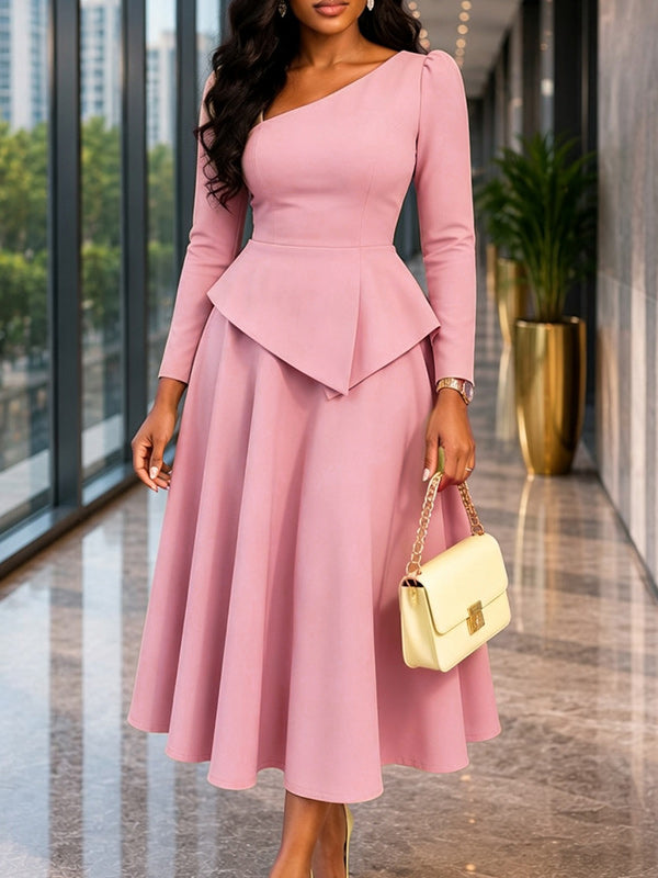 Asymmetric-Neck Peplum Midi Dress