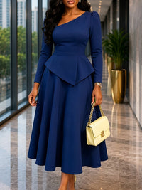 Asymmetric-Neck Peplum Midi Dress