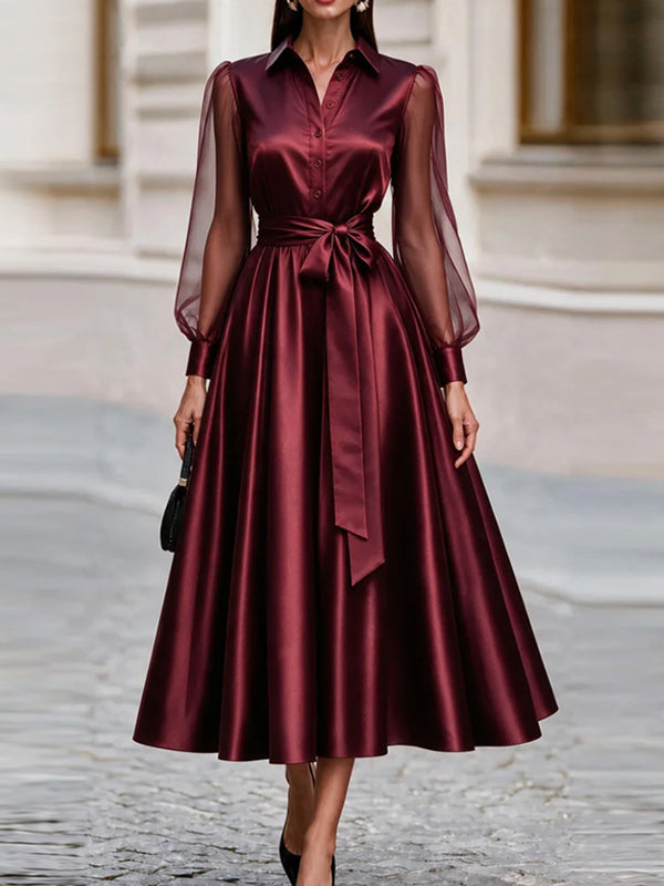 Sheer-Combo Tied Shirt Dress