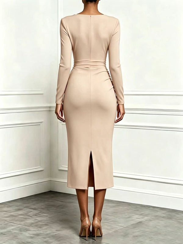 Solid V-Neck Ruffle Dress