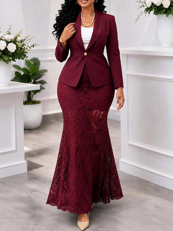 Solid Blazer & Lace Mermaid Skirt Set