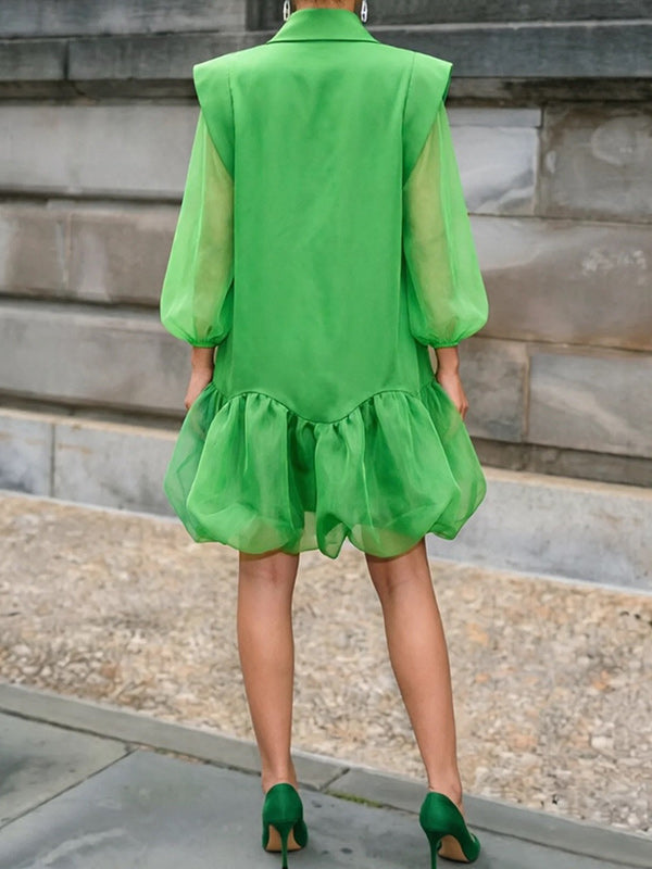 Sheer-Combo Ruffle Shirt Dress