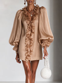 Frilled V-Neck Puff-Sleeve Dress