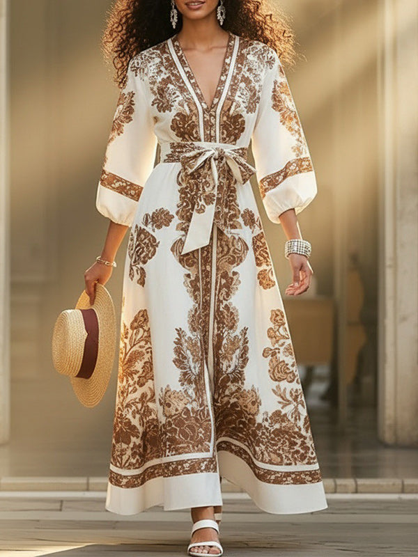 Printed V-Neck Tied Dress