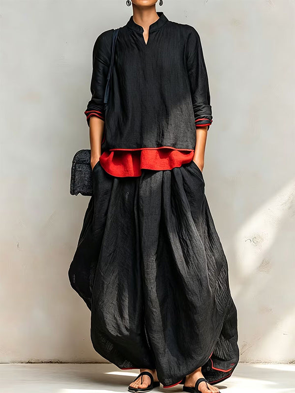 Contrast Top & Wide-Leg Pants Set
