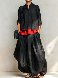 Contrast Top & Wide-Leg Pants Set