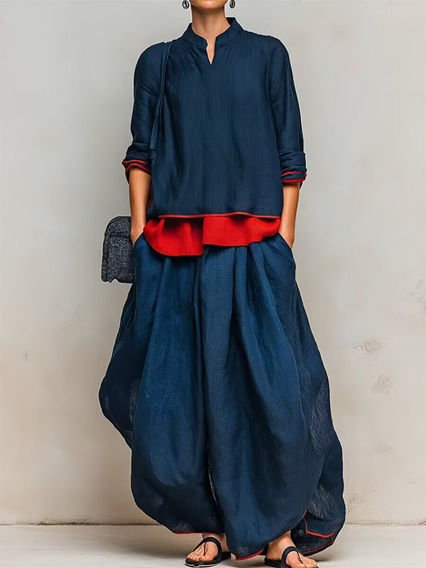 Contrast Top & Wide-Leg Pants Set