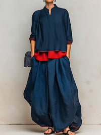 Contrast Top & Wide-Leg Pants Set