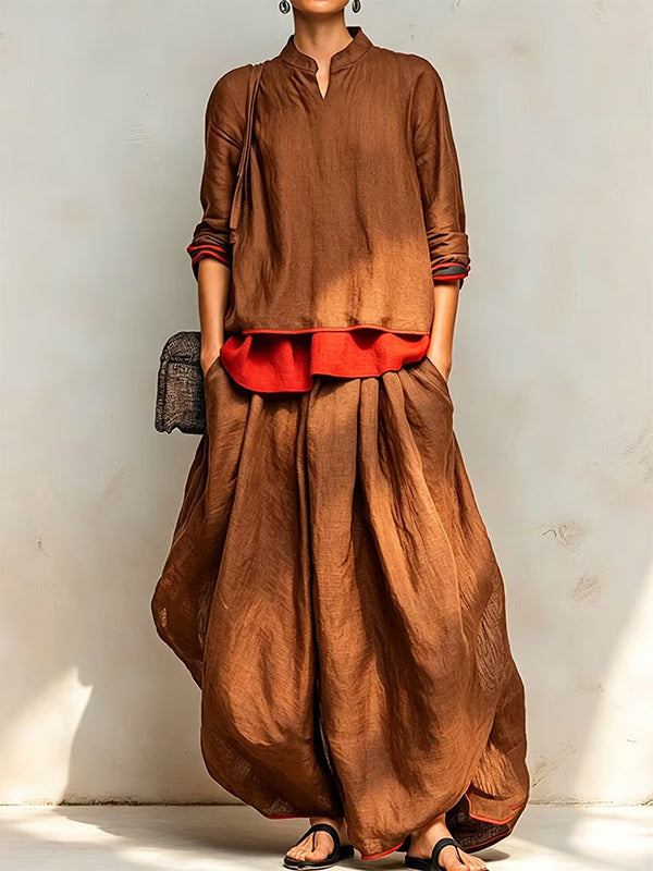 Contrast Top & Wide-Leg Pants Set