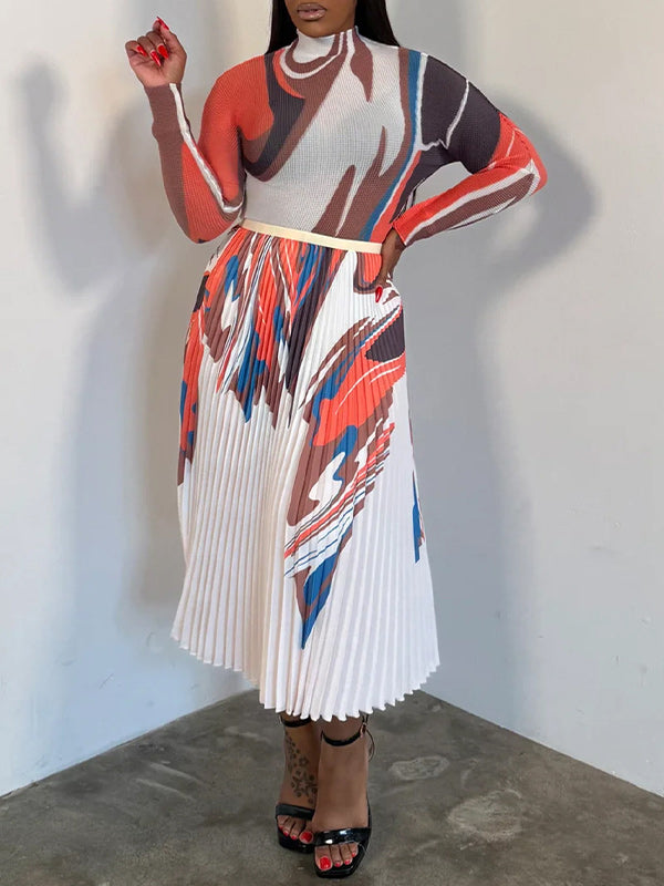 Print Long Sleeve Top & Pleated Midi Skirt Set