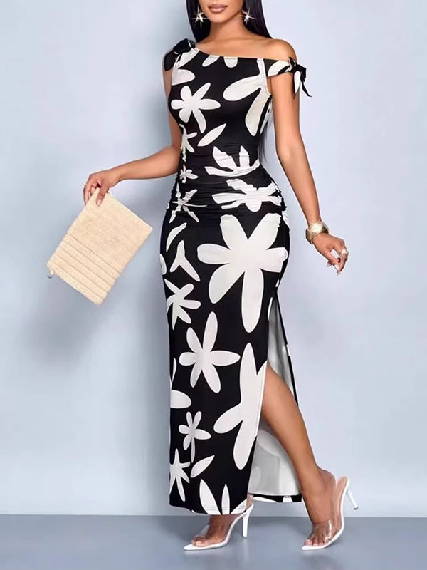 Printed Boat-Neck Slit Dress