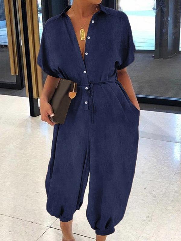 Beautiedoll Button-Front Belted Denim Jumpsuit