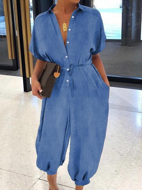 Beautiedoll Button-Front Belted Denim Jumpsuit