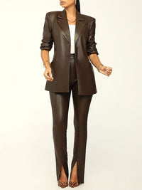 Faux Leather Blazer & Slit Pants Set