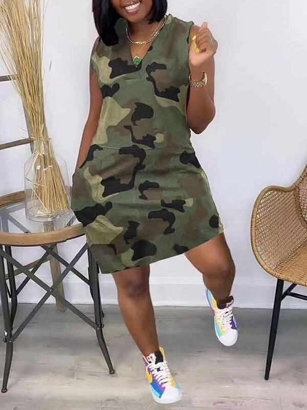 Beautiedoll Camo V-Neck Sleeveless Dress