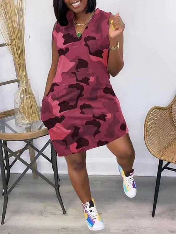 Beautiedoll Camo V-Neck Sleeveless Dress