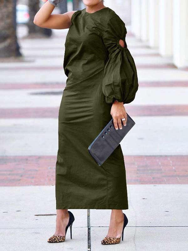 Beautiedoll Solid One-Sleeve Slit Dress